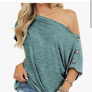 Teal Off-Shoulder Top with Button Detail